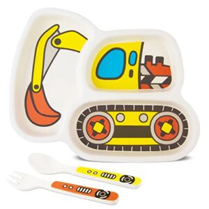 kids plate set, included plate fork and spoon 3-piece set - toddler plates dinnerware dinner dish set baby feeding divided plate - child portion control bamboo eco-friendly (excavators)