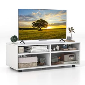 tangkula white tv stand for tv up to 40 inch, media console table with 4 cubbies, 5 positions adjustable shelves, tv entertainment center wooden storage cabinet for living room (35.5", tvs up to 40")