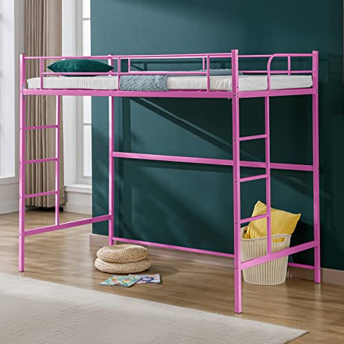 cuoote Metal Twin Size Loft Bed Frame, Multifunctional Twin Size Loft Bed with Ladder and Guardrail, Space-Saving Design, No Box Spring Needed, Modern Industrial Style, Pink