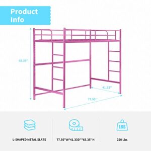 cuoote Metal Twin Size Loft Bed Frame, Multifunctional Twin Size Loft Bed with Ladder and Guardrail, Space-Saving Design, No Box Spring Needed, Modern Industrial Style, Pink