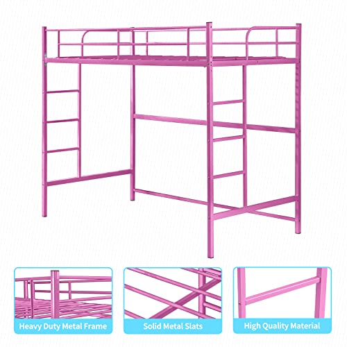 cuoote Metal Twin Size Loft Bed Frame, Multifunctional Twin Size Loft Bed with Ladder and Guardrail, Space-Saving Design, No Box Spring Needed, Modern Industrial Style, Pink