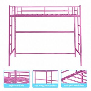 cuoote Metal Twin Size Loft Bed Frame, Multifunctional Twin Size Loft Bed with Ladder and Guardrail, Space-Saving Design, No Box Spring Needed, Modern Industrial Style, Pink