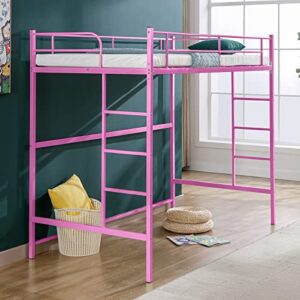 cuoote Metal Twin Size Loft Bed Frame, Multifunctional Twin Size Loft Bed with Ladder and Guardrail, Space-Saving Design, No Box Spring Needed, Modern Industrial Style, Pink