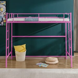 cuoote Metal Twin Size Loft Bed Frame, Multifunctional Twin Size Loft Bed with Ladder and Guardrail, Space-Saving Design, No Box Spring Needed, Modern Industrial Style, Pink