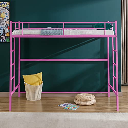 cuoote Metal Twin Size Loft Bed Frame, Multifunctional Twin Size Loft Bed with Ladder and Guardrail, Space-Saving Design, No Box Spring Needed, Modern Industrial Style, Pink