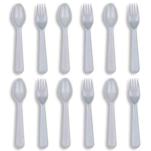 Muulaii 12 Pcs Plastics Toddler Utensils kids Silverware Baby Spoons and Forks Set Baby Feeding Dinnerware Utensils BPA Free Microwave Dishwasher and Freezer Safe (Grey)