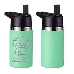 kids water bottle with straw lid & handle, 2 pack 12 oz personalized insulated water bottles bulk, stainless steel, dishwasher safe, diy gift for boys girls to school sports travel camping, sea green