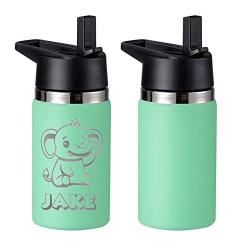 Kids Water Bottle with Straw Lid & Handle, 2 Pack 12 oz Personalized Insulated Water Bottles Bulk, Stainless Steel, Dishwasher Safe, DIY Gift for Boys Girls to School Sports Travel Camping, Sea Green