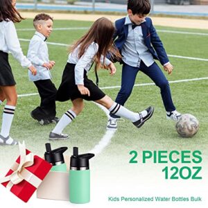 Kids Water Bottle with Straw Lid & Handle, 2 Pack 12 oz Personalized Insulated Water Bottles Bulk, Stainless Steel, Dishwasher Safe, DIY Gift for Boys Girls to School Sports Travel Camping, Sea Green