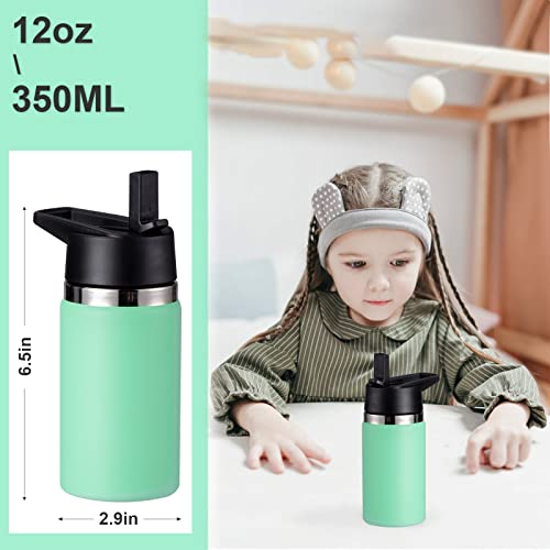 Kids Water Bottle with Straw Lid & Handle, 2 Pack 12 oz Personalized Insulated Water Bottles Bulk, Stainless Steel, Dishwasher Safe, DIY Gift for Boys Girls to School Sports Travel Camping, Sea Green