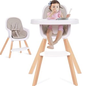 convertible high chair, 3 in 1 high chairs for babies and toddlers, baby high chair with adjustable legs and double dishwasher safe tray, made of sleek hardwood and premium leatherette