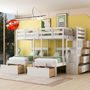 snifit latest upgraded & stronger triple bunk bed full over 2 twin bunk bed with storage drawers, thickened enhanced solid wood triple bunk bed frame with safer staircase, easier to assemble (white)