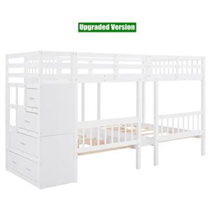 SNIFIT Latest Upgraded & Stronger Triple Bunk Bed Full Over 2 Twin Bunk Bed with Storage Drawers, Thickened Enhanced Solid Wood Triple Bunk Bed Frame with Safer Staircase, Easier to Assemble (White)