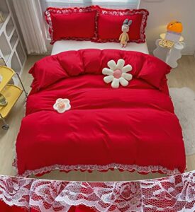 moowoo chic ruffle lace polyester duvet cover set -girl red bedding-3 piece full duvet cover with zipper closure -ultra soft and light weight (red, full size)