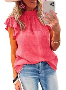 dokotoo 2023 stylish ladies tops and blouses solid cotton causal crewneck smocked ruffle short sleeve shirts comfy loose fit tunic summer sexy tops for women rose m