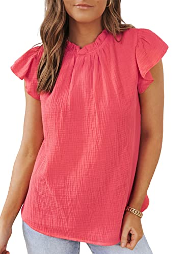Dokotoo 2023 Stylish Ladies Tops and Blouses Solid Cotton Causal Crewneck Smocked Ruffle Short Sleeve Shirts Comfy Loose Fit Tunic Summer Sexy Tops for Women Rose M