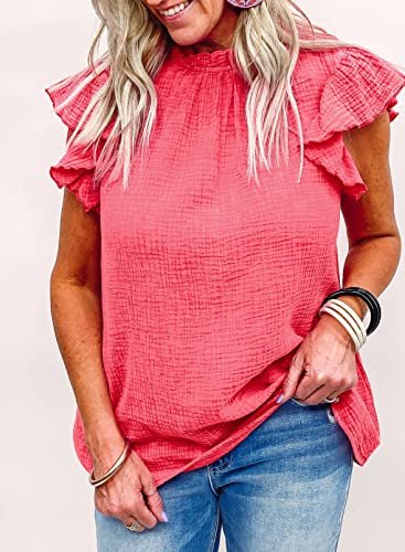 Dokotoo 2023 Stylish Ladies Tops and Blouses Solid Cotton Causal Crewneck Smocked Ruffle Short Sleeve Shirts Comfy Loose Fit Tunic Summer Sexy Tops for Women Rose M