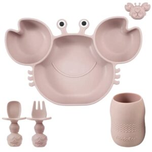 pandaear silicone baby feeding set| silicone divided suction crab plate and tiny cup with spoons & forks| baby led weaning supplies self feeding eating utensils -pink