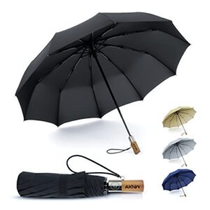 aknw portable travel umbrellas for rain windproof, 10 ribs auto open close folding umbrella with wood handle, strong, wind resistant, compact small umbrella for backpack, car, purse, black