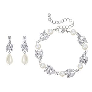 sweetv wedding bridal jewelry set for women, cubic zirconia pearl dangle earrings and bracelet set for wedding prom