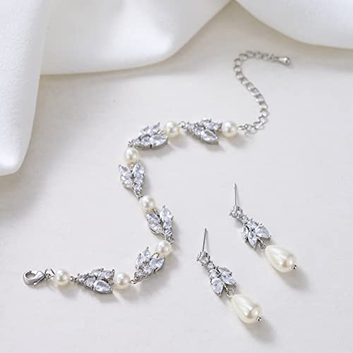 SWEETV Wedding Bridal Jewelry Set for Women, Cubic Zirconia Pearl Dangle Earrings and Bracelet Set for Wedding Prom