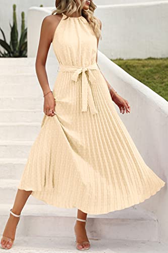 PRETTYGARDEN Women's Midi Summer Dresses Casual Halter Neck Swiss Dot Ruffle Sleeveless A Line Beach Sun Dress (Z_Apricot,Large)