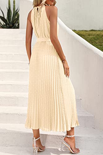 PRETTYGARDEN Women's Midi Summer Dresses Casual Halter Neck Swiss Dot Ruffle Sleeveless A Line Beach Sun Dress (Z_Apricot,Large)