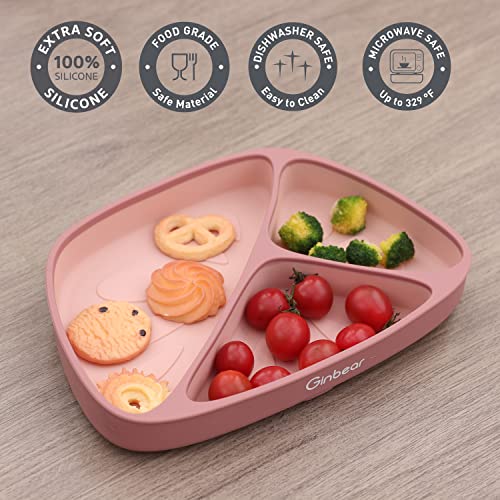 Ginbear Suction Plates for Baby Girl, Liquid Silicone Plates for Toddlers Self-feeding, Stay Put Baby Dishes for Easy Feeding (Mauve/Blush)