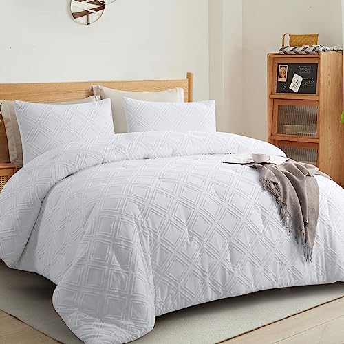 BEDHOURS Boho Comforter Set Queen,White Tufted Comforter Set,3 Pcs Shabby Chic Down Alternative Farmhouse Bedding Set Soft Lightweight Cooling Comforter for All Seasons