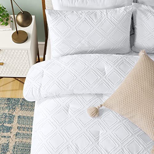 BEDHOURS Boho Comforter Set Queen,White Tufted Comforter Set,3 Pcs Shabby Chic Down Alternative Farmhouse Bedding Set Soft Lightweight Cooling Comforter for All Seasons