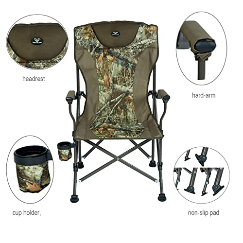 JUNGLELAND High Back Camping Chair for Adults Oversize Hard-Arm Portable Folding Chair with Beverage Holder Support 330lbs,Camouflage Pattern