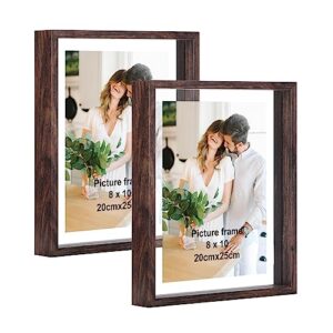 trwcrt 8x10 picture frame set of 2, double glass floating photo frames display up to 10 x 12 photos for wall or tabletop display, brown