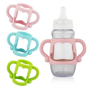 3pcs baby bottle handles for dr brown narrow baby bottles, soft silicone baby bottle holder with easy grip handles bottle holder for baby self feeding (pink, green, blue)