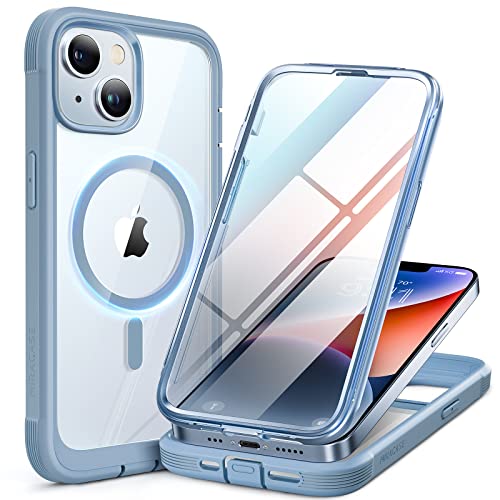 Miracase Magnetic iPhone 14/13 Case with Magsafe, Full-Body Bumper, Anti-Fingerprint 9H Tempered Glass, Dust Port - Blue