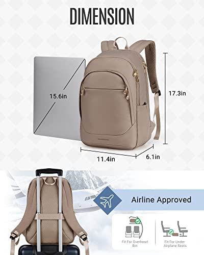 LIGHT FLIGHT Travel Laptop Backpack Women, 15.6 Inch Laptop Backpack with USB Charging Hole, Water Resistant College Bookbag, Black Computer Backpacks for Work, Champagne