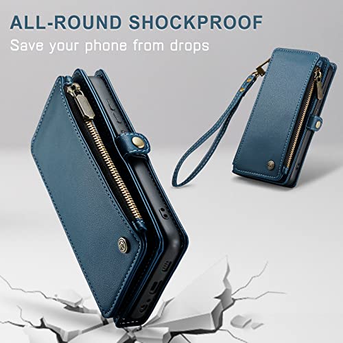Defencase for Samsung Galaxy A14 5G Case, RFID Blocking Samsung A14 5G Case Wallet for Women Men, PU Leather Magnetic Flip Strap Zipper Card Holder Wallet Phone Case for Galaxy A14 5G, Fashion Blue