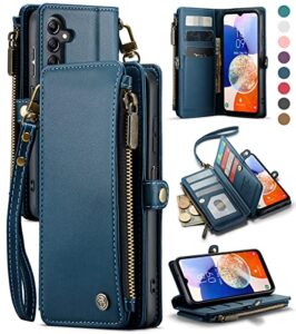 defencase for samsung galaxy a14 5g case, rfid blocking samsung a14 5g case wallet for women men, pu leather magnetic flip strap zipper card holder wallet phone case for galaxy a14 5g, fashion blue