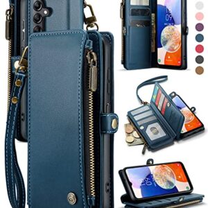 Defencase for Samsung Galaxy A14 5G Case, RFID Blocking Samsung A14 5G Case Wallet for Women Men, PU Leather Magnetic Flip Strap Zipper Card Holder Wallet Phone Case for Galaxy A14 5G, Fashion Blue