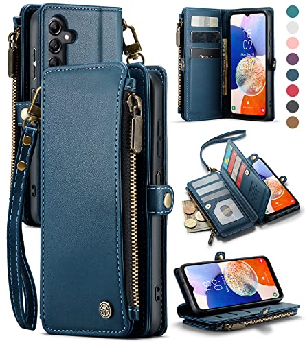 Defencase for Samsung Galaxy A14 5G Case, RFID Blocking Samsung A14 5G Case Wallet for Women Men, PU Leather Magnetic Flip Strap Zipper Card Holder Wallet Phone Case for Galaxy A14 5G, Fashion Blue