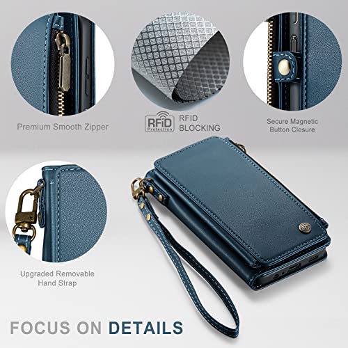 Defencase for Samsung Galaxy A14 5G Case, RFID Blocking Samsung A14 5G Case Wallet for Women Men, PU Leather Magnetic Flip Strap Zipper Card Holder Wallet Phone Case for Galaxy A14 5G, Fashion Blue