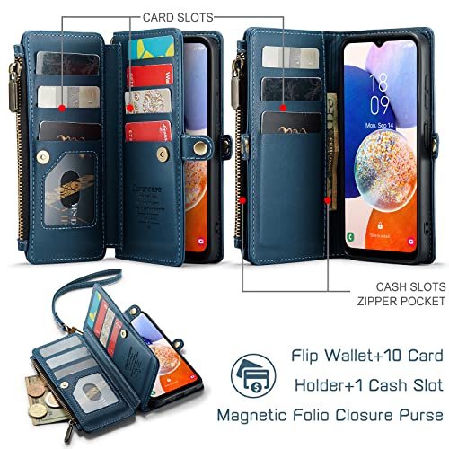 Defencase for Samsung Galaxy A14 5G Case, RFID Blocking Samsung A14 5G Case Wallet for Women Men, PU Leather Magnetic Flip Strap Zipper Card Holder Wallet Phone Case for Galaxy A14 5G, Fashion Blue