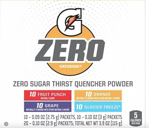 Gatorade G Zero Powder 4 Flavor Variety Pack 10 of Each FlavorPack of 40 0.10oz Glacier Freeze Orange Grape Fruit Punch packed by TOOZOON