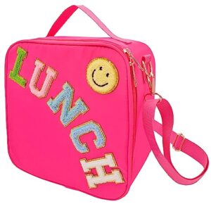 insulated lunch bag with adjustable shoulder strap, nylon preppy lunch box large insulated lunch bag reusable lunch tote bag with smiley preppy lunchbag for girls school travel picnic (pink)