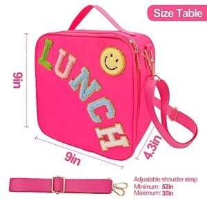 Insulated Lunch Bag With Adjustable Shoulder Strap, Nylon Preppy Lunch Box Large Insulated Lunch Bag Reusable Lunch Tote Bag with Smiley Preppy LunchBag for Girls School Travel Picnic (Pink)