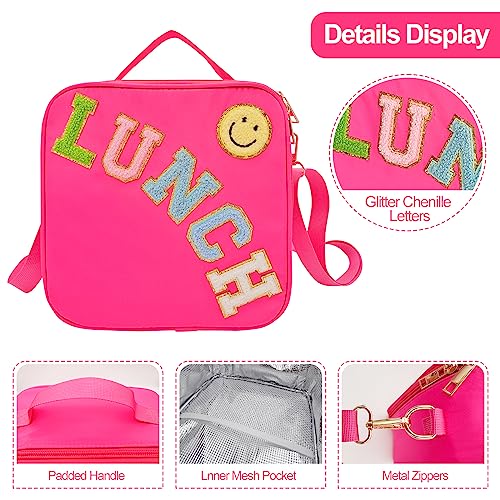 Insulated Lunch Bag With Adjustable Shoulder Strap, Nylon Preppy Lunch Box Large Insulated Lunch Bag Reusable Lunch Tote Bag with Smiley Preppy LunchBag for Girls School Travel Picnic (Pink)