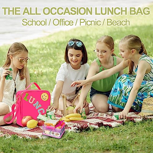 Insulated Lunch Bag With Adjustable Shoulder Strap, Nylon Preppy Lunch Box Large Insulated Lunch Bag Reusable Lunch Tote Bag with Smiley Preppy LunchBag for Girls School Travel Picnic (Pink)