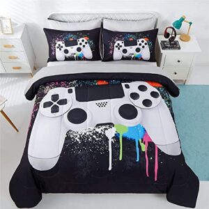 kakki 5 piece boys full gamer comforter set with sheets, 3d colorful video game controller comforter for kids teen, all season soft microfiber gaming bedding set(white,full)