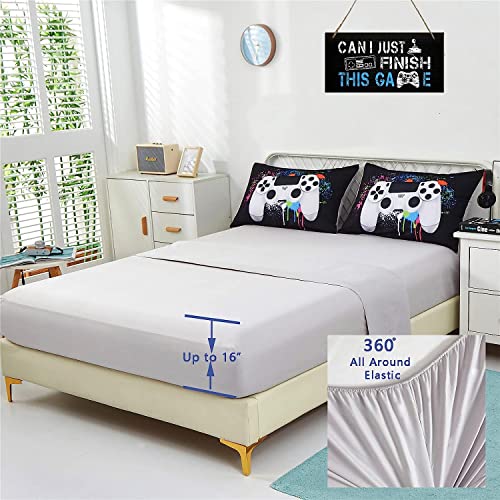 KAKKI 5 Piece Boys Full Gamer Comforter Set with Sheets, 3D Colorful Video Game Controller Comforter for Kids Teen, All Season Soft Microfiber Gaming Bedding Set(White,Full)