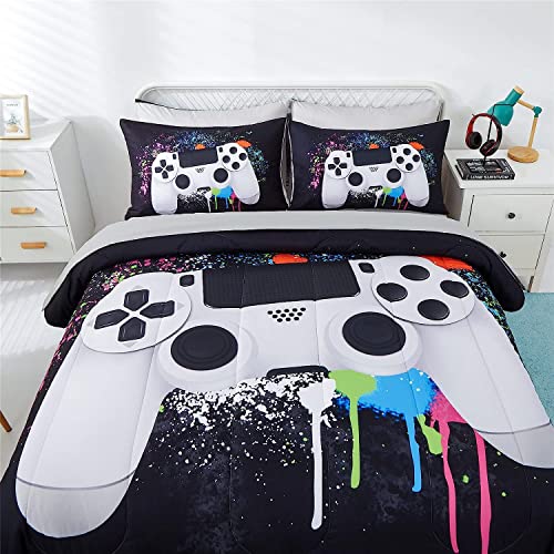 KAKKI 5 Piece Boys Full Gamer Comforter Set with Sheets, 3D Colorful Video Game Controller Comforter for Kids Teen, All Season Soft Microfiber Gaming Bedding Set(White,Full)