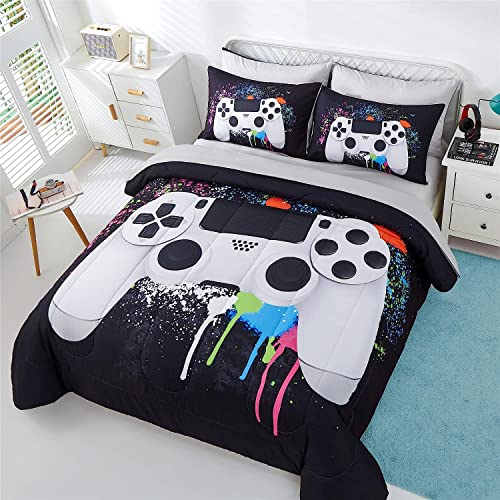 KAKKI 5 Piece Boys Full Gamer Comforter Set with Sheets, 3D Colorful Video Game Controller Comforter for Kids Teen, All Season Soft Microfiber Gaming Bedding Set(White,Full)
